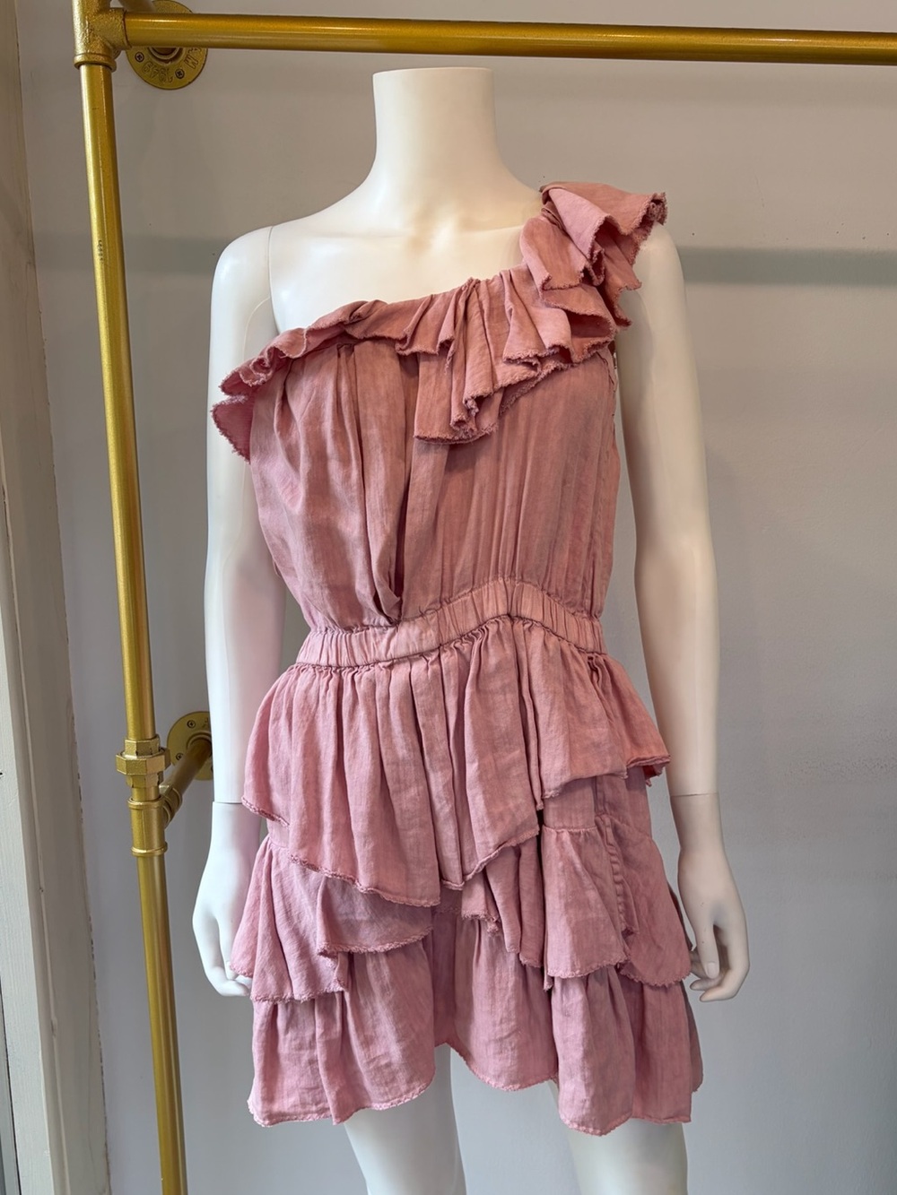 Etoile Isabel Marant One-Shoulder Pink Ruffled Tiered Dress